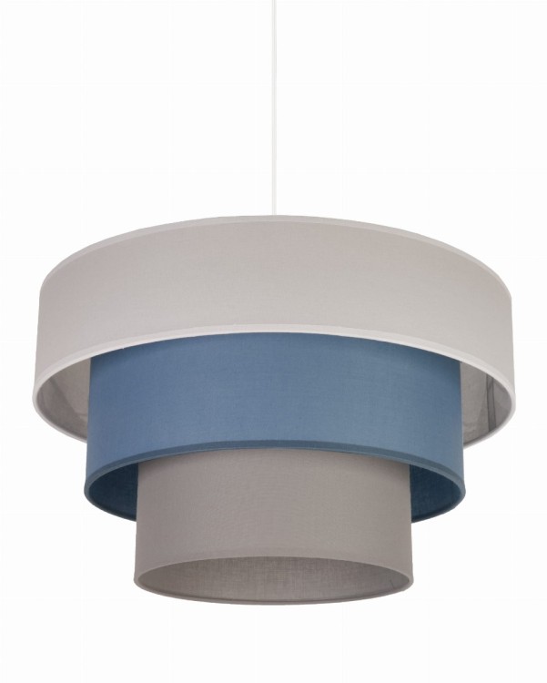 Lampa sufitowa LUNETA 45 cm z naturalnej bawełny w pastelowych odcieniach szarości i niebieskiego. Regulowany zwis do 120 cm oraz gwint E27 sprawiają, że idealnie sprawdzi się w sypialni, salonie i jadalni w stylu skandynawskim.