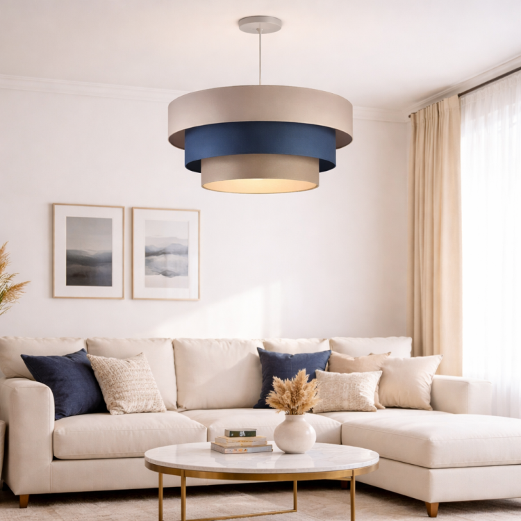 Nowoczesna lampa sufitowa 45 cm z bawełnianym abażurem w kolorze szarym i niebieskim. Model LUNETA z regulacją do 120 cm i oprawą E27 tworzy przytulne, miękkie światło do sypialni i salonu.