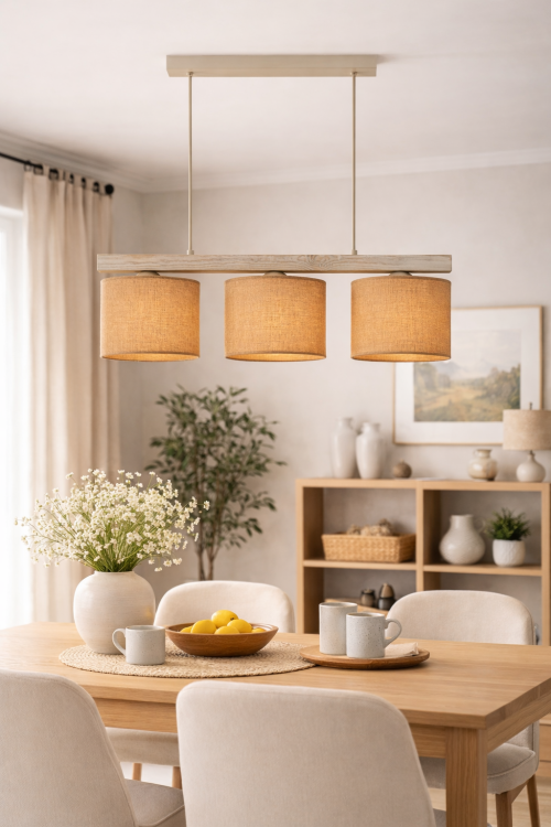 FOREST 3xE27 Duolla to designerska lampa wisząca z drewnianą belką i trzema abażurami z juty. Naturalna kolorystyka i miękkie światło tworzą przytulny klimat. Idealna do jadalni, salonu, kuchni i wnętrz w stylu eko, boho lub skandynawskim.