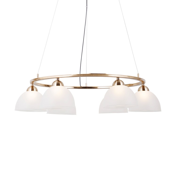 Kaskadowa lampa TORNO 5xE14 Italux z kryształowymi kloszami efektownie rozświetli wysoki hol, antresolę lub klatkę schodową. Czarna konstrukcja i detale w kolorze mosiądzu miodowego podkreślają jej elegancki charakter.