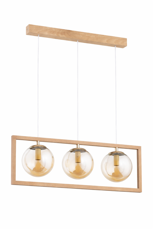 Lampa sufitowa SAMI 3xE14 Alfa 63055 to połączenie jasnego drewna, złotych detali i bursztynowych kloszy. Idealna nad stół do jadalni, salonu lub kuchni. Tworzy ciepłą atmosferę i pasuje do wnętrz nowoczesnych i skandynawskich.