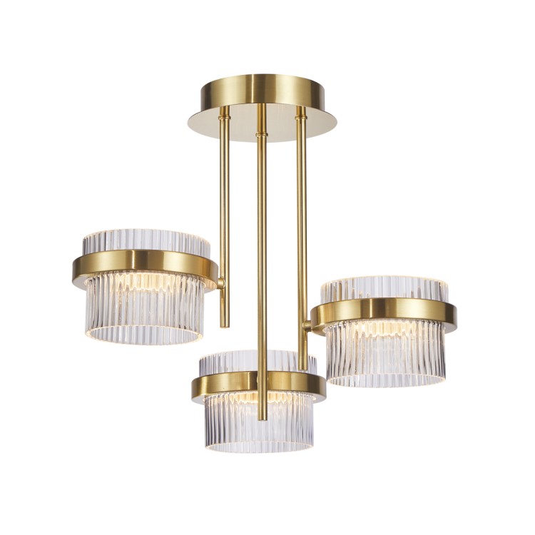 Plafon LED złoty 24W z trzema szklanymi kloszami o ryflowanej strukturze. Elegancka lampa sufitowa w stylu klasycznym i glamour, idealna do salonu, sypialni lub jadalni, zapewniająca ciepłe i przyjemne światło.