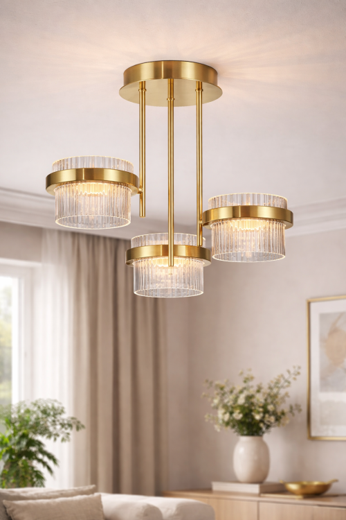 Nowoczesny plafon sufitowy LED w kolorze piaskowanego złota z dekoracyjnymi, przezroczystymi kloszami. Lampa z trzema punktami świetlnymi tworzy efektowną iluminację i doskonale pasuje do eleganckich wnętrz.