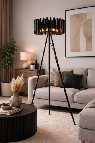 Designerska lampa podłogowa NARNI czarna 156 cm z 4xE27 to idealne oświetlenie do salonu. Stylowy klosz z metalowych tub i stabilna konstrukcja tripod tworzą wyjątkowy klimat w nowoczesnych wnętrzach.