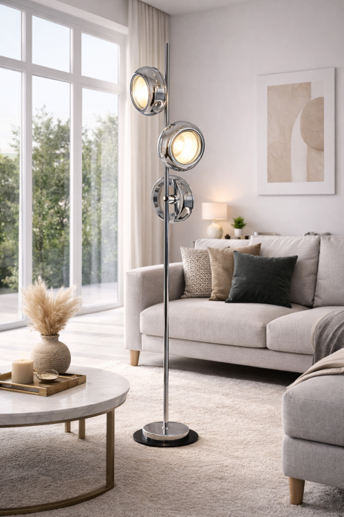 Czarna lampa stojąca MERCURIO ML333 LED 36W chrom 157,5 cm to nowoczesne oświetlenie do salonu i biura. 3 źródła LED zapewniają jasne i komfortowe światło 4000K.