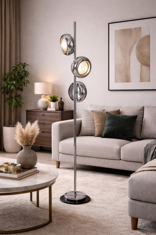 Lampa MERCURIO ML333 LED 36W chrom to designerska lampa stojąca z 3 źródłami światła. Neutralna barwa 4000K i nowoczesna forma sprawdzą się w salonie, gabinecie i sypialni.