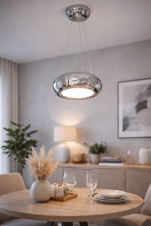 Nowoczesna lampa wisząca MERCURIO ML328 LED chrom 12W z regulacją wysokości. Idealna do salonu, jadalni i kuchni. Stylowy design i neutralna barwa światła.