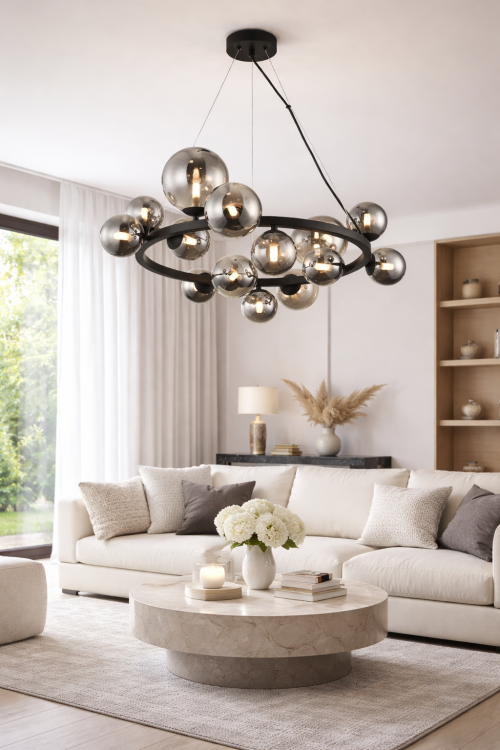 Nowoczesna lampa wisząca MILA 14xG9 Milagro z czarną konstrukcją i dymionymi kulami ze szkła to stylowe oświetlenie do salonu i jadalni. Czternaście punktów światła G9 zapewnia mocne i równomierne oświetlenie oraz wyjątkowy efekt dekoracyjny