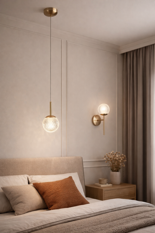 Stylowy kinkiet PADRI WL-40827-1-HBR-CL to połączenie złotej oprawy i transparentnego klosza o dekoracyjnej strukturze. Idealny jako oświetlenie ścienne do salonu, sypialni lub przedpokoju.