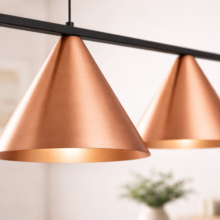 Lampa wisząca z trzema miedzianymi kloszami w kształcie stożka zamocowanymi na czarnej listwie. Nowoczesne oświetlenie sufitowe idealne nad stół jadalniany lub wyspę kuchenną. Styl modern i industrial do eleganckich wnętrz