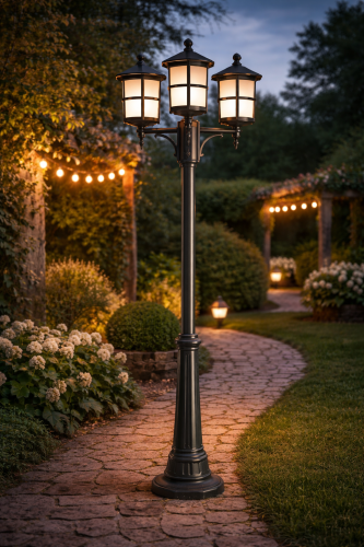 Lampa ogrodowa CORDOBA II 260 cm to elegancka potrójna latarnia ogrodowa idealna do oświetlenia ścieżek, podjazdów i ogrodu. Wykonana z aluminium i mlecznego poliwęglanu zapewnia trwałość oraz przyjemne, rozproszone światło.