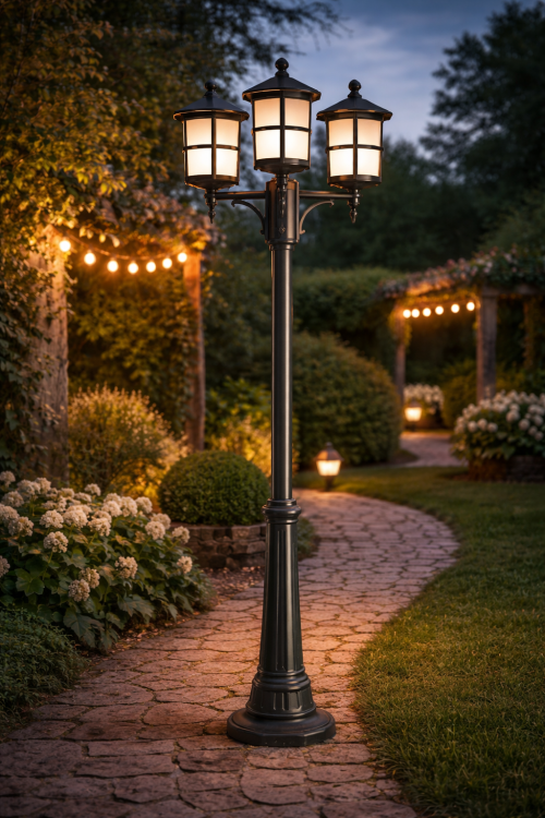 Lampa ogrodowa CORDOBA II 260 cm to elegancka potrójna latarnia ogrodowa idealna do oświetlenia ścieżek, podjazdów i ogrodu. Wykonana z aluminium i mlecznego poliwęglanu zapewnia trwałość oraz przyjemne, rozproszone światło.