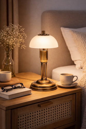 Stylowa lampka nocna ARKADIA O2128 L1 PAT w kolorze patyny to idealny wybór do wnętrz klasycznych. Szklany klosz subtelnie rozprasza światło, tworząc przytulny klimat