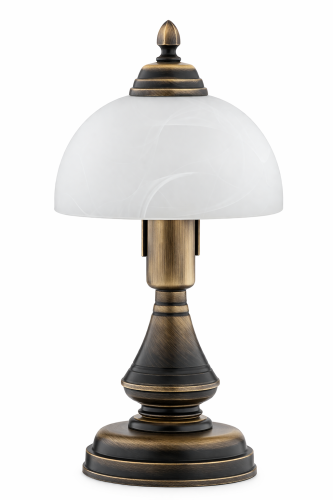 Lampka stołowa HERMES Lemir to klasyczna elegancja w Twoim wnętrzu. Klosz z białego alabastru daje miękkie światło, a patynowa armatura podkreśla styl retro. Idealna do sypialni i salonu