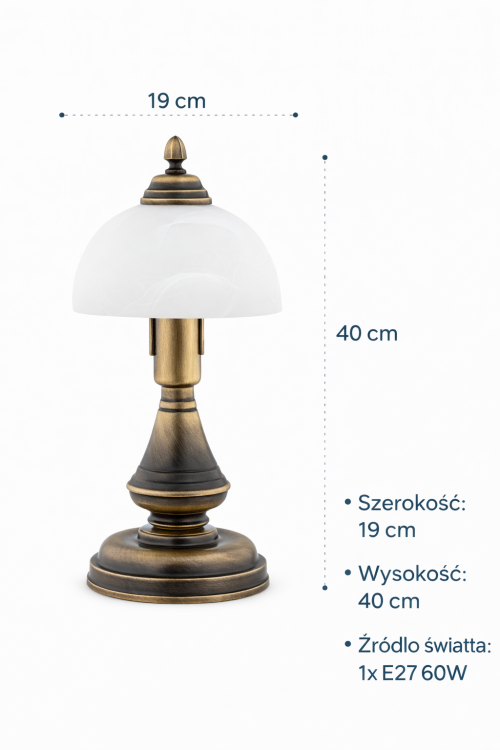 Stylowa lampka nocna HERMES 40 cm od Lemir to połączenie trwałości i designu. Szklany klosz subtelnie rozprasza światło, tworząc przytulny klimat. Doskonała do klasycznych wnętrz
