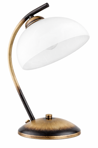 Lampka stołowa ALTEA LEMIR w kolorze patyny to eleganckie oświetlenie do sypialni i salonu. Szklany klosz alabaster zapewnia miękkie, przyjemne światło. Klasyczny design idealnie wpisuje się w styl retro i tradycyjny.