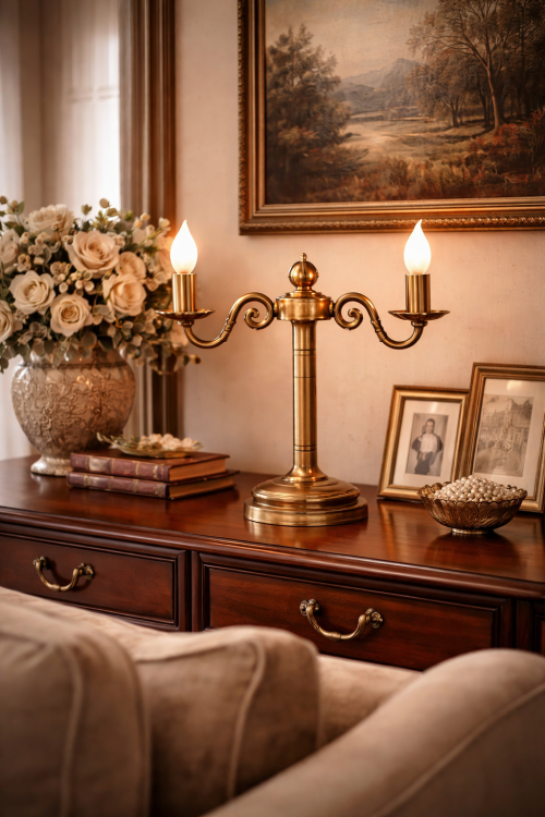 Stylowa lampa stołowa PRIMA 2xE14 Lemir to połączenie elegancji i trwałości. Patynowa armatura, klasyczna forma świecznika oraz włącznik na sznureczku tworzą idealne oświetlenie do wnętrz klasycznych, retro i vintage.