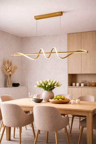 Stylowa lampa LED Bastelo 40W z regulacją wysokości do 120 cm. Złota konstrukcja i nowoczesny design doskonale pasują do jadalni, salonu i kuchni. Jasność 3400 lm oraz wybór barwy światła gwarantują komfort.