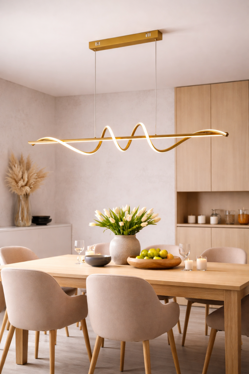 Stylowa lampa LED Bastelo 40W z regulacją wysokości do 120 cm. Złota konstrukcja i nowoczesny design doskonale pasują do jadalni, salonu i kuchni. Jasność 3400 lm oraz wybór barwy światła gwarantują komfort.