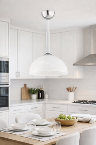 Lampa wisząca KLARA chrom Lemir to eleganckie oświetlenie do kuchni, jadalni i salonu. Chromowana oprawa i alabastrowy klosz zapewniają miękkie, przyjemne światło. Idealna nad stół, łączy klasyczny styl z nowoczesną estetyką.