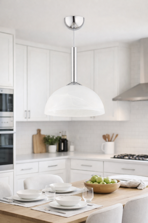 Lampa wisząca KLARA chrom Lemir to eleganckie oświetlenie do kuchni, jadalni i salonu. Chromowana oprawa i alabastrowy klosz zapewniają miękkie, przyjemne światło. Idealna nad stół, łączy klasyczny styl z nowoczesną estetyką.