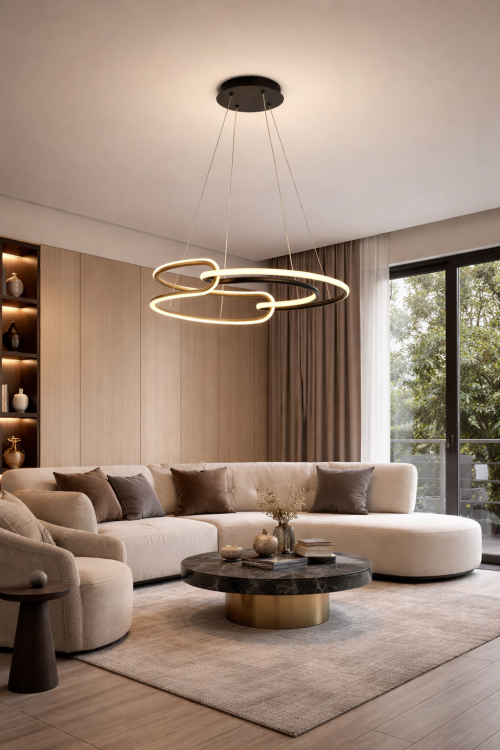 Designerska lampa LED z pierścieniami w kolorze czarnym i złotym. Moc 40W, 3400 lm oraz szeroki kąt świecenia 120° gwarantują jasne i równomierne oświetlenie. Idealna do nowoczesnych i eleganckich aranżacji wnętrz.