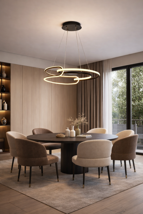 Efektowna lampa wisząca LED 50 cm z możliwością wyboru barwy światła. Czarno-złote wykończenie podkreśla elegancję wnętrza. Doskonała do salonu, jadalni, sypialni oraz nowoczesnych przestrzeni biurowych.