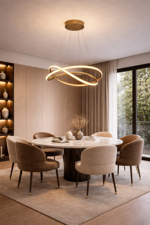 Stylowa lampa LED w kolorze złotym z designerskimi pierścieniami. Moc 40W i 3400 lm gwarantują jasne światło, a szeroki kąt świecenia 120° zapewnia równomierne oświetlenie przestrzeni.