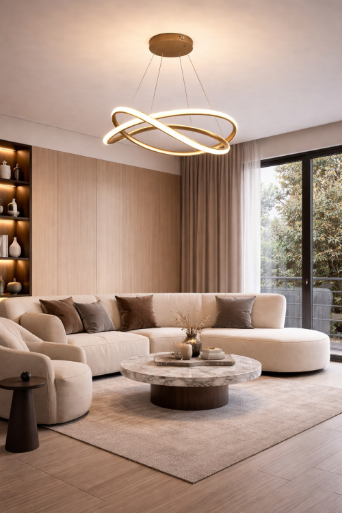 Elegancka lampa wisząca LED o średnicy 50 cm i nowoczesnej formie. Złote wykończenie dodaje wnętrzu luksusu, a możliwość wyboru barwy światła pozwala stworzyć idealny klimat.