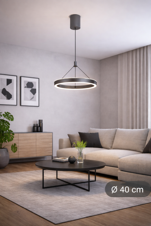 Stylowa lampa LED ring 40 cm w szarym kolorze doskonale sprawdzi się w nowoczesnych wnętrzach. Moc 30W i 3700 lumenów zapewniają komfortowe światło, a wybór barwy pozwala dopasować oświetlenie do potrzeb