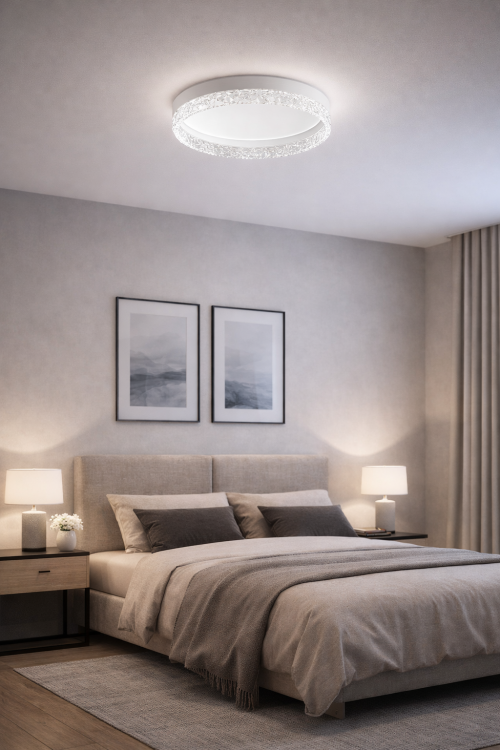 Plafon LED 50 cm biały to nowoczesna lampa sufitowa z funkcją zmiany barwy światła i ściemniania. Jasność 3190 lm oraz efekt kryształu sprawiają, że idealnie pasuje do salonu, sypialni i kuchni.