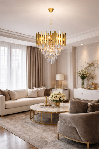 Luksusowy żyrandol ASPEN 9xE14 w złotym kolorze to idealne oświetlenie do wnętrz glamour. Kryształowe elementy pięknie rozpraszają światło, tworząc efektowną i przytulną atmosferę