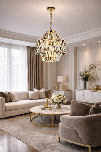 Stylowy żyrandol CROWN 4xE14 w złotym wykończeniu to doskonały wybór do wnętrz glamour i modern classic. Kryształowe elementy pięknie odbijają światło, nadając pomieszczeniu luksusowego charakteru.