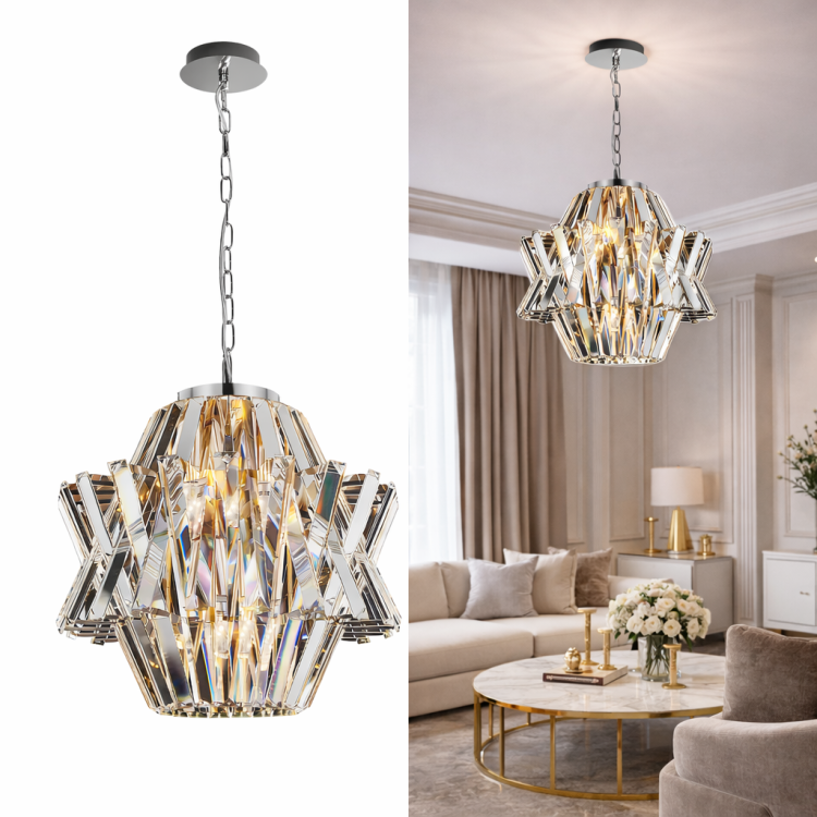 Żyrandol CROWN 4xE14 chrom to elegancka lampa sufitowa do wnętrz glamour. Kompaktowa średnica 34 cm oraz stylowy design sprawiają, że świetnie sprawdzi się w różnych aranżacjach.