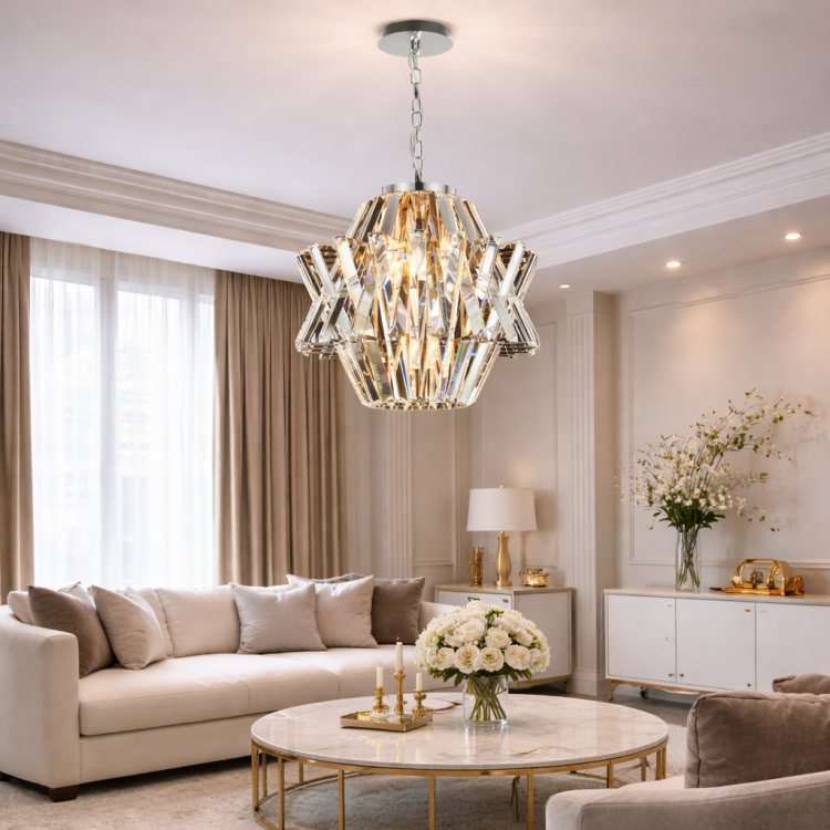 Stylowy żyrandol CROWN ML0400 w kolorze chromu to idealne oświetlenie do wnętrz nowoczesnych i glamour. Kryształowe elementy pięknie rozpraszają światło, tworząc wyjątkowy klimat.