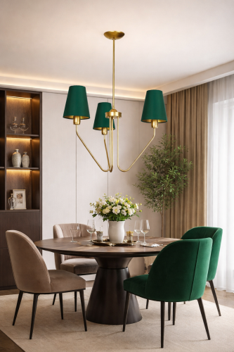 Lampa sufitowa VICTORIA GREEN 3xE27 zachwyca połączeniem zieleni i mosiądzu. Eleganckie abażury z tkaniny dają miękkie światło, idealne do wnętrz glamour, klasycznych i modern classic. Świetna do salonu, sypialni i jadalni.