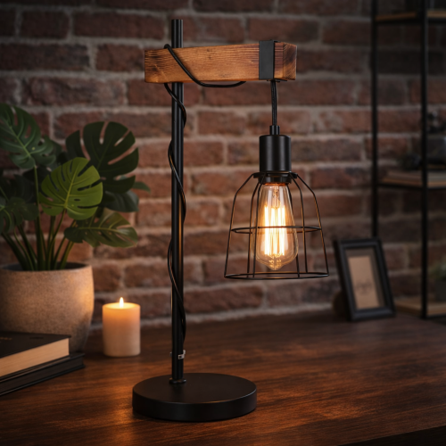 Nowoczesna lampa stołowa PONTE z metalem i drewnem to idealny wybór do wnętrz loft i scandi. Otwarty klosz podkreśla dekoracyjną żarówkę i tworzy przytulne światło.