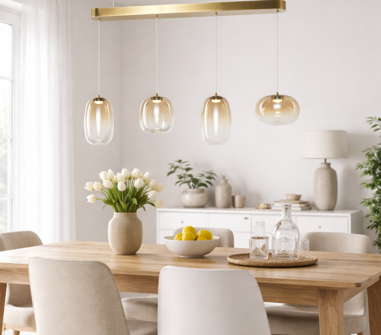 Nowoczesna lampa VASO Amber ML1408 z czterema szklanymi kloszami to stylowe oświetlenie do jadalni i kuchni. Złota listwa i ciepła barwa światła 3000K tworzą przytulny klimat. Energooszczędny LED 15W w zestawie.