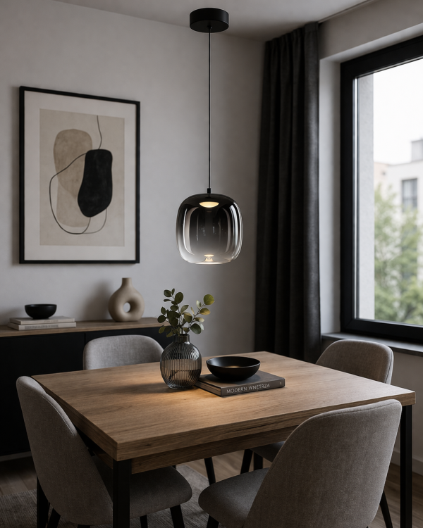 Stylowa lampa wisząca VASO Black ML1400 z dymionym kloszem to idealne rozwiązanie do salonu i jadalni. Ciepłe światło LED 3000K oraz czarne wykończenie tworzą elegancki i przytulny klimat.