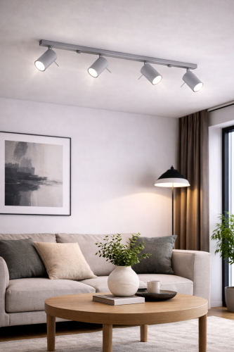 Nowoczesny plafon sufitowy RING 4xGU10 w kolorze szarym to stylowe i funkcjonalne oświetlenie. Ruchome klosze umożliwiają ustawienie światła według potrzeb, a gwint GU10 pozwala zastosować energooszczędne żarówki LED.