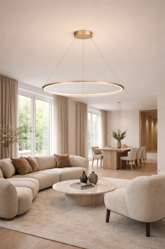 Nowoczesna lampa wisząca SATURNO LED 57W w kolorze złotym zachwyca minimalistycznym designem. Duży ring 100 cm i 3100 lm gwarantują mocne światło. Barwa 4000K sprawdzi się w każdym wnętrzu. Regulowana wysokość i IP44 zwiększają funkcjonalność.