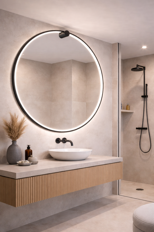 Nowoczesny kinkiet LED SATURNO 80 cm w kolorze czarnym oferuje 2500 lm światła 4000K. Dzięki IP44 sprawdzi się w łazience nad lustrem. Designerski ring pasuje do stylu loft i nowoczesnego