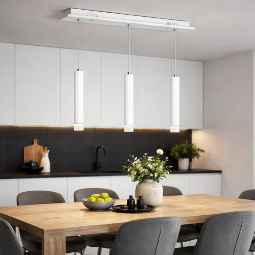 Nowoczesna lampa wisząca ALBA ML189 w kolorze białym to idealne oświetlenie nad stół lub blat. Trzy źródła LED 5W (1050 lm) zapewniają równomierne światło 4000K. Regulowana wysokość pozwala dopasować lampę do każdej przestrzeni.