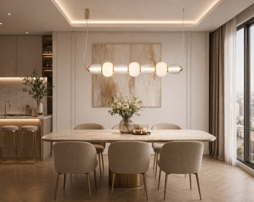 Nowoczesna lampa CARO 42W złota o szerokości 110 cm to idealne rozwiązanie do jadalni i kuchni. Wysoki strumień światła 5406 lm i ciepła barwa 3000K gwarantują komfortowe oświetlenie.