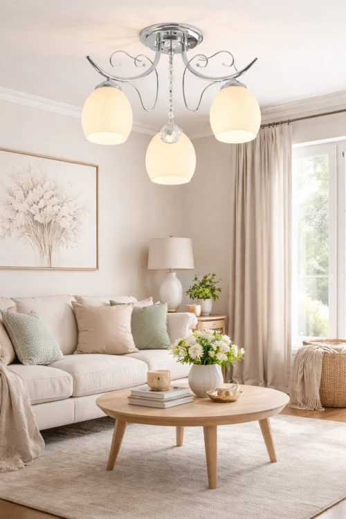 Nowoczesna lampa sufitowa ELLA w kolorze chrom z trzema kloszami z mlecznego szkła zapewnia przyjemne, rozproszone światło. Idealna do salonu, sypialni lub jadalni. Pasuje do aranżacji klasycznych i nowoczesnych.