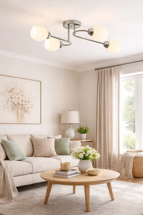 Nowoczesna lampa sufitowa KING CHROME z czterema kloszami E27 to stylowe rozwiązanie do każdego wnętrza. Mleczne szkło równomiernie rozprasza światło, a chromowane wykończenie dodaje elegancji i lekkości aranżacji.