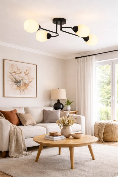 Nowoczesna lampa sufitowa KING BLACK z czterema kloszami E27 to idealne rozwiązanie do wnętrz minimalistycznych i loftowych. Mleczne szkło rozprasza światło, tworząc przytulną atmosferę w pomieszczeniu.