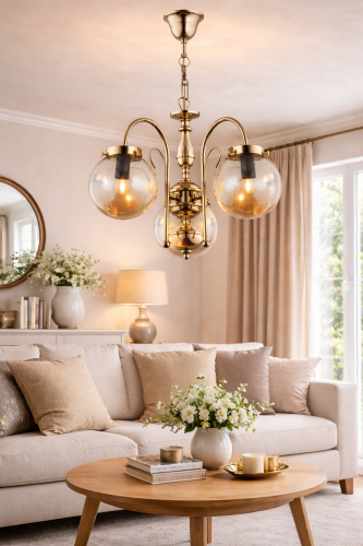 Lampa sufitowa HERO złota z kulistymi kloszami to stylowe oświetlenie do jadalni i salonu. Bursztynowe szkło delikatnie rozprasza światło, tworząc przyjemną atmosferę