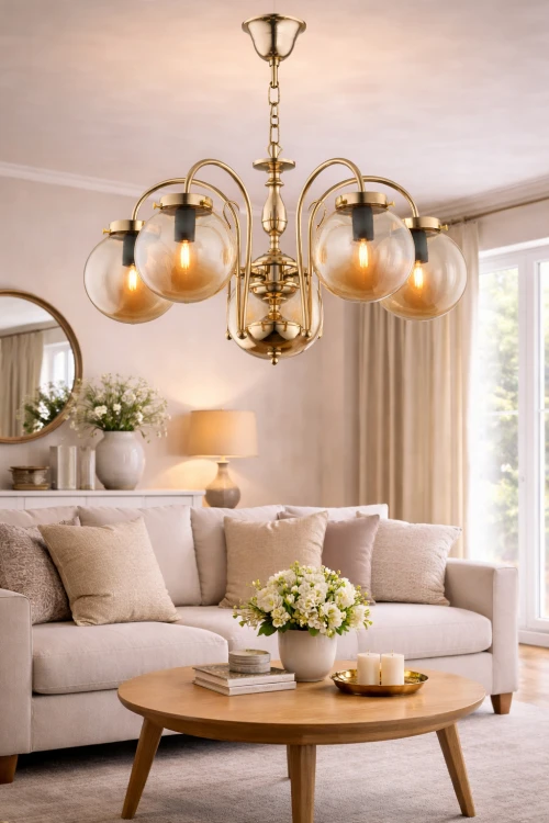 Lampa sufitowa HERO 5xE14 złota z kulistymi kloszami to stylowe oświetlenie do sypialni i salonu. Bursztynowe szkło delikatnie rozprasza światło, tworząc przytulny klimat.