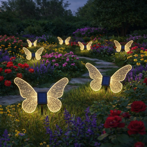 Dekoracyjna lampka solarna w kształcie motyla to stylowe oświetlenie ogrodowe. Delikatne światło 3000K podkreśla rośliny i tworzy przytulną atmosferę. Łatwa w montażu – wystarczy wbić w ziemię. Odporna na warunki atmosferyczne IP44.